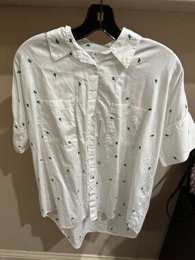 Madewell White Short-Sleeve Button-Down Shirt with Green Cactus Print